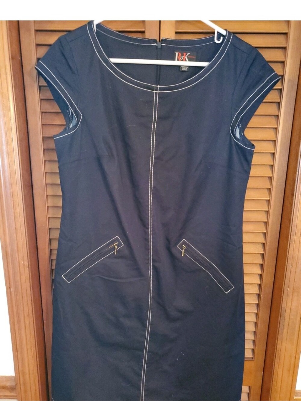 R&K Dress Womens Sz 10 Sleeveless Navy Straight Midi Shift Pockets White Stitch